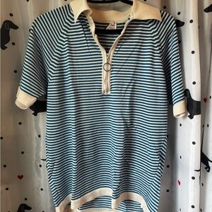 Striped Blue & White Knit Polo Shirt with Zip Collar
